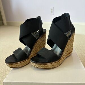 Stuart Weitzman Black Wedge Sandals with Elastic Straps